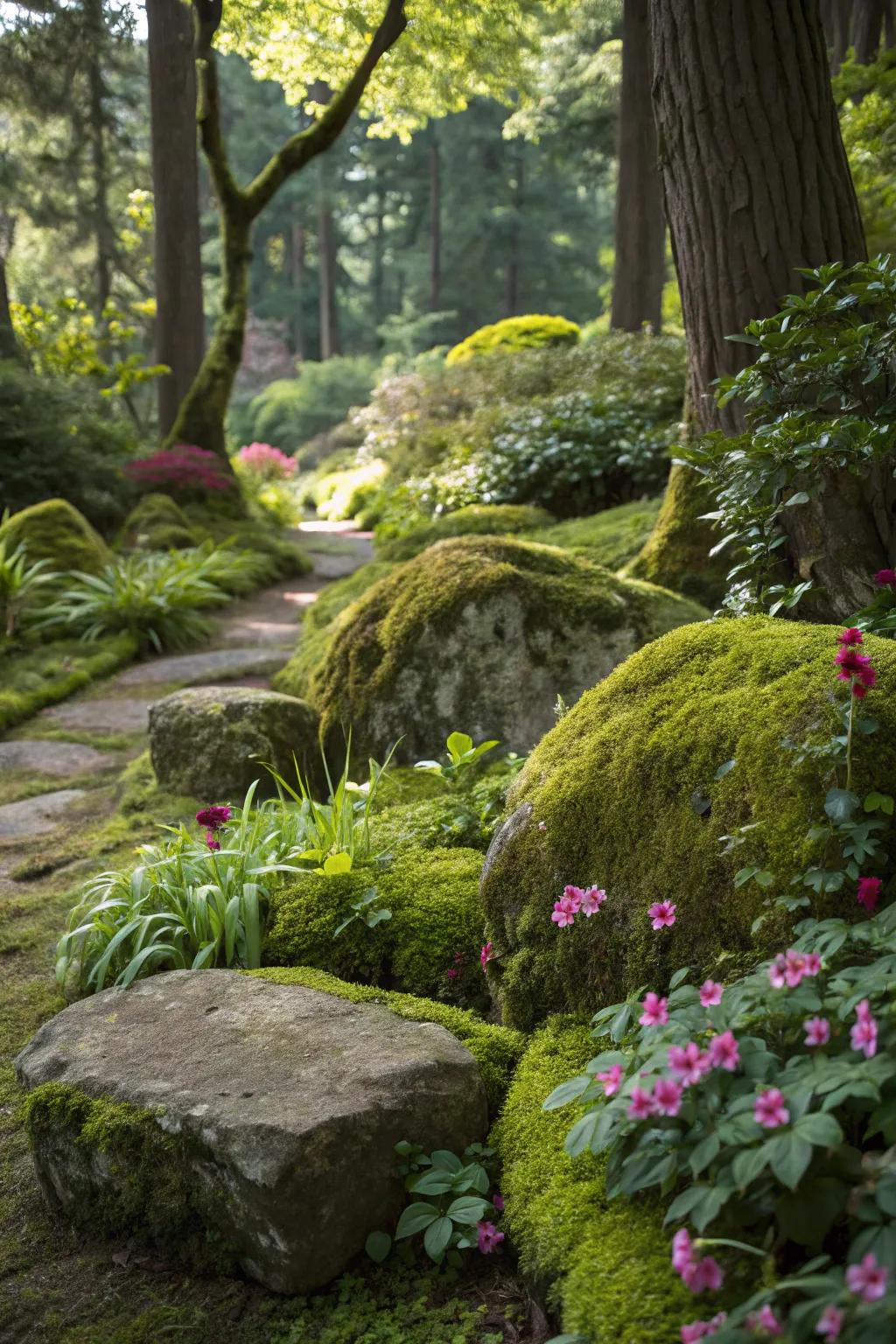 Moss-covered stones add an enchanting, ancient feel to the garden.
