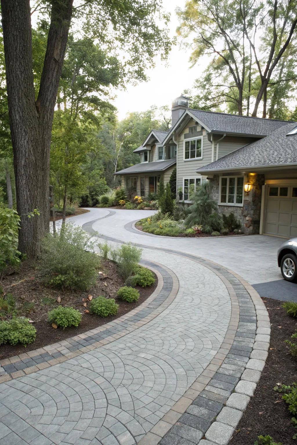Playful curves in a wrap around driveway design for a unique look.