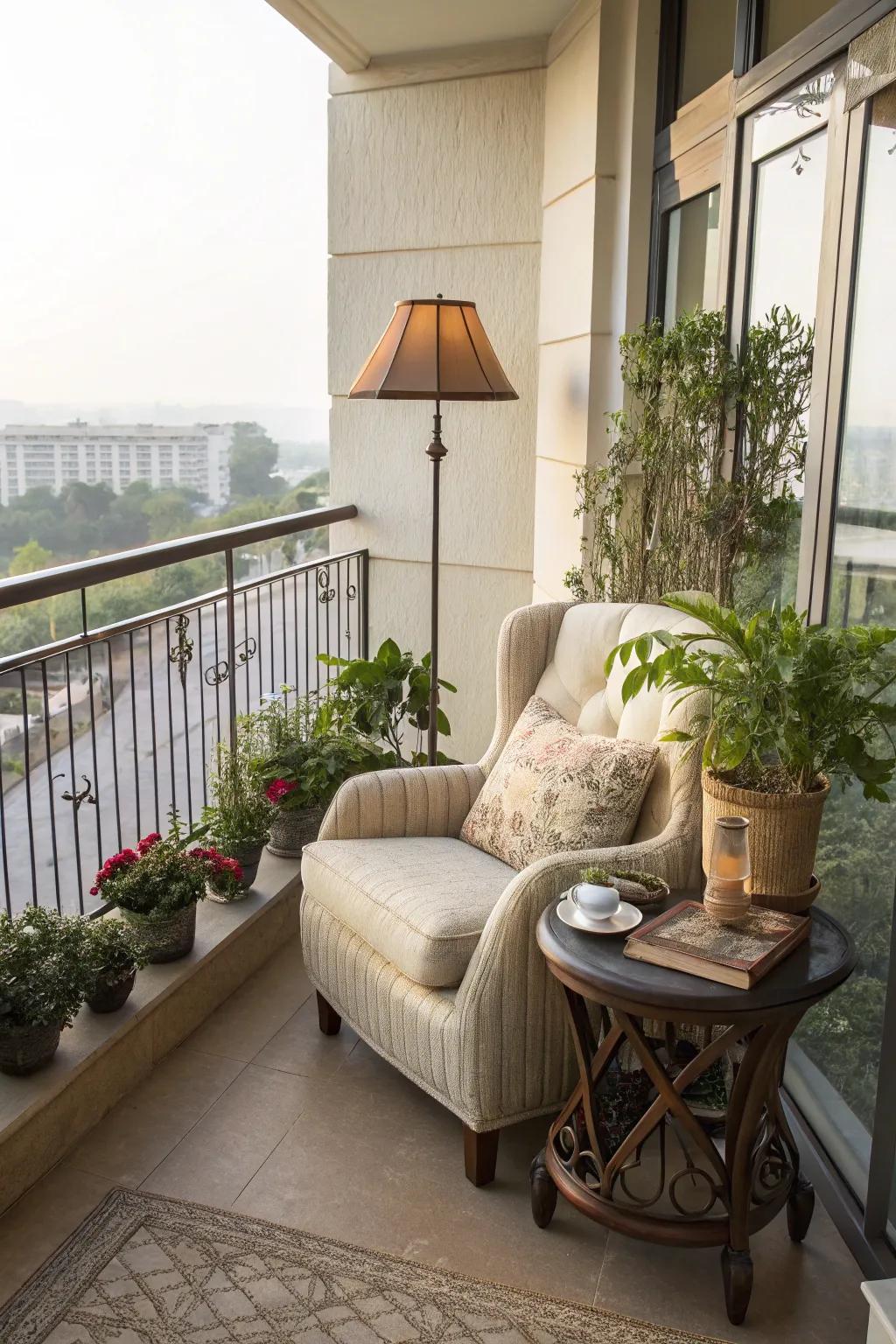 A reading nook invites quiet moments of relaxation.