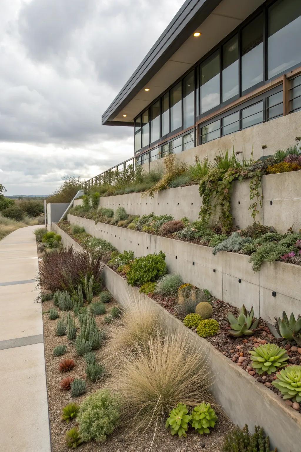 A vertical xeriscape garden adds dimension and interest.