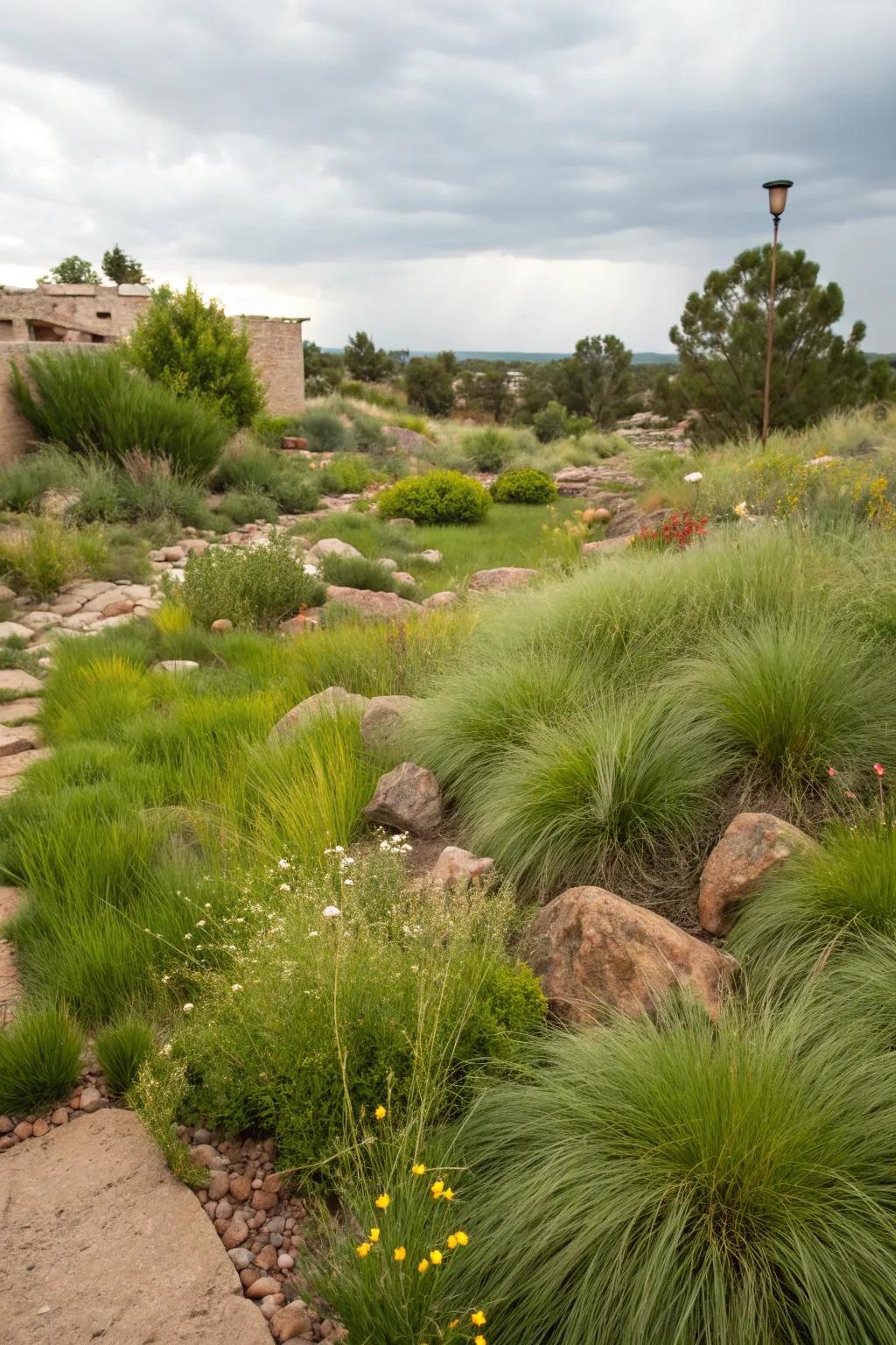 A lush area with drought-tolerant buffalograss in a New Mexico garden.