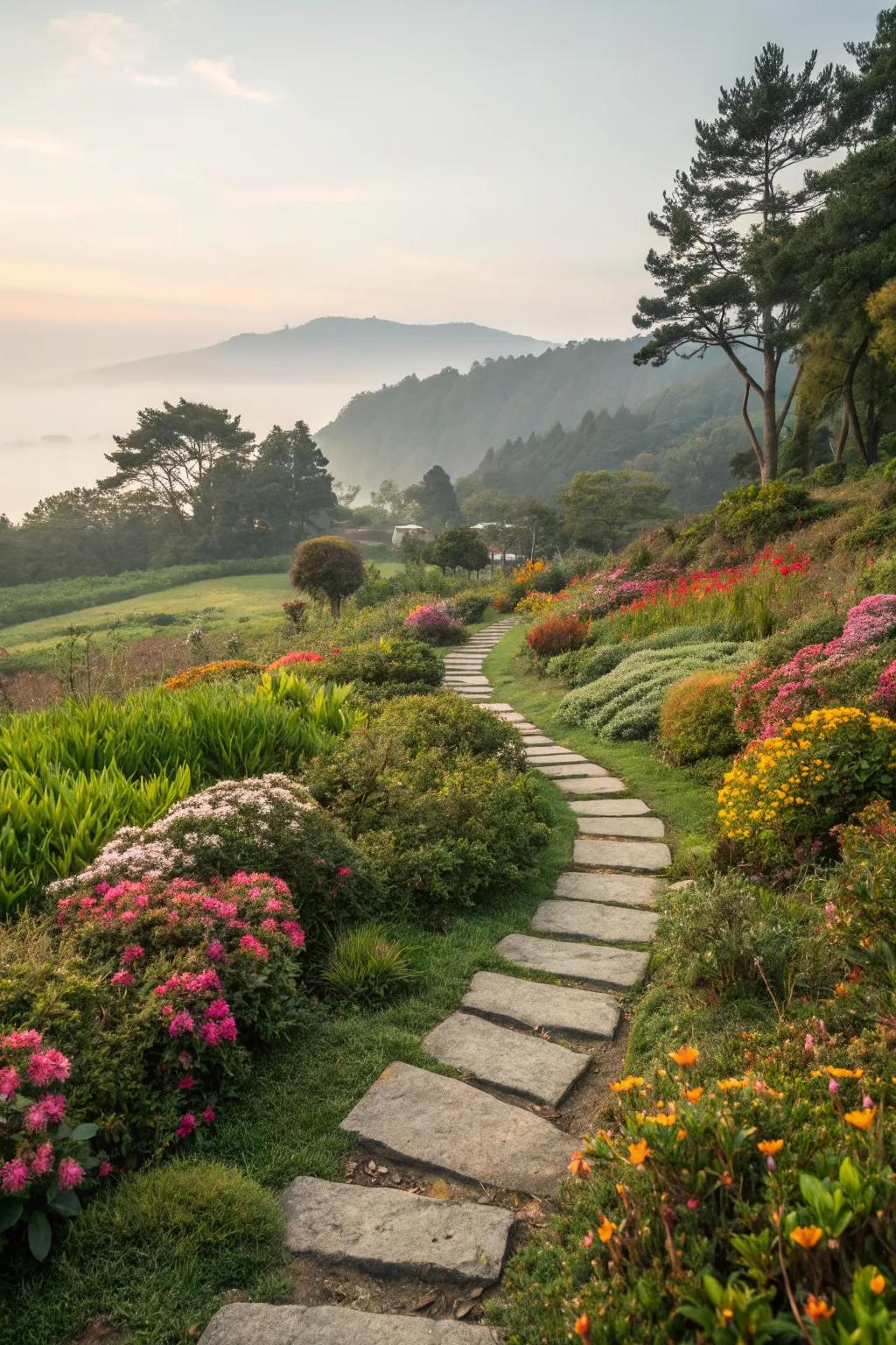 A stepping stone path through a garden island inviting exploration.