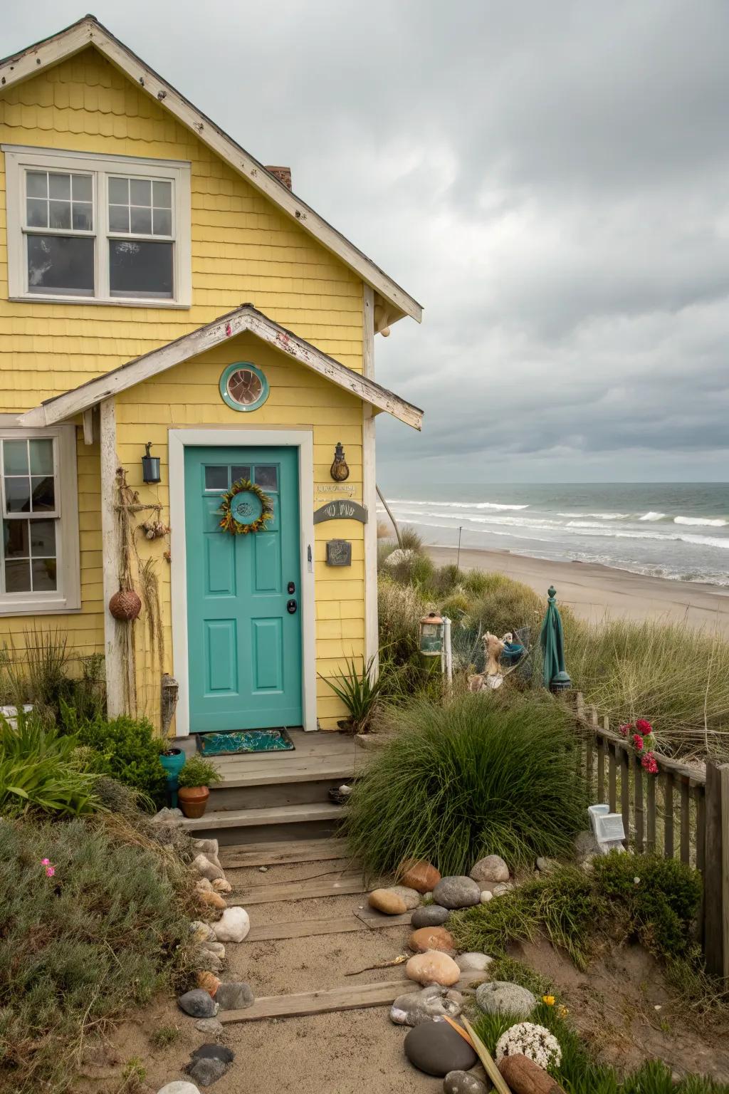 Teal doors bring a beachy vibe to yellow houses.
