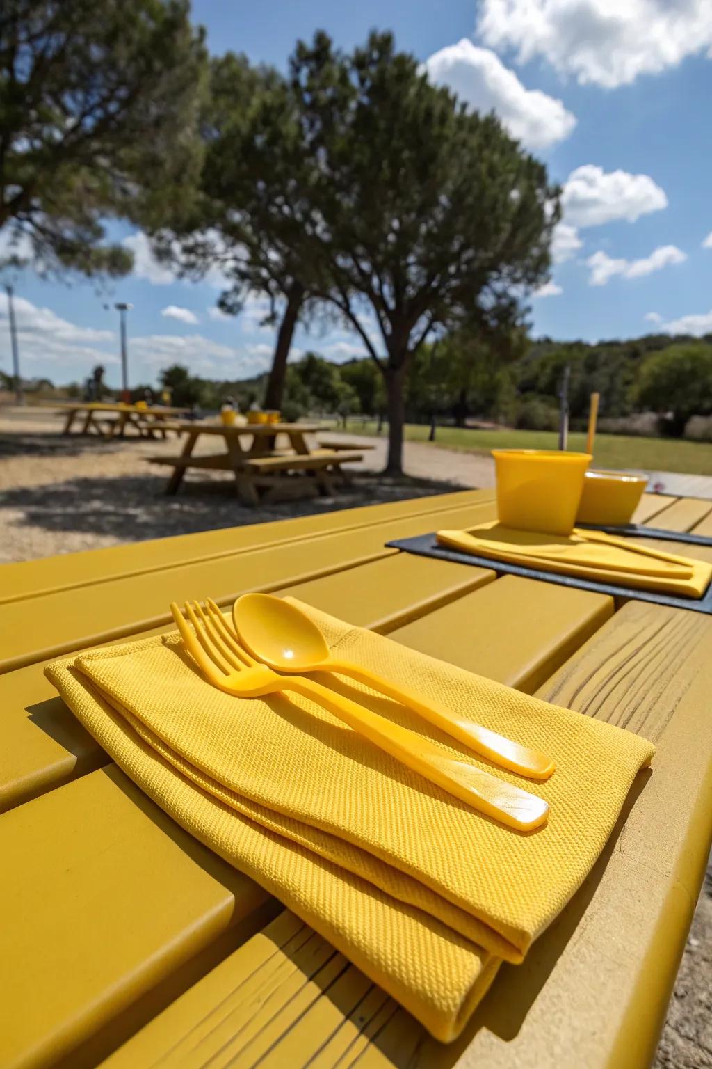 Playful yellow utensils that add a splash of color to the picnic.