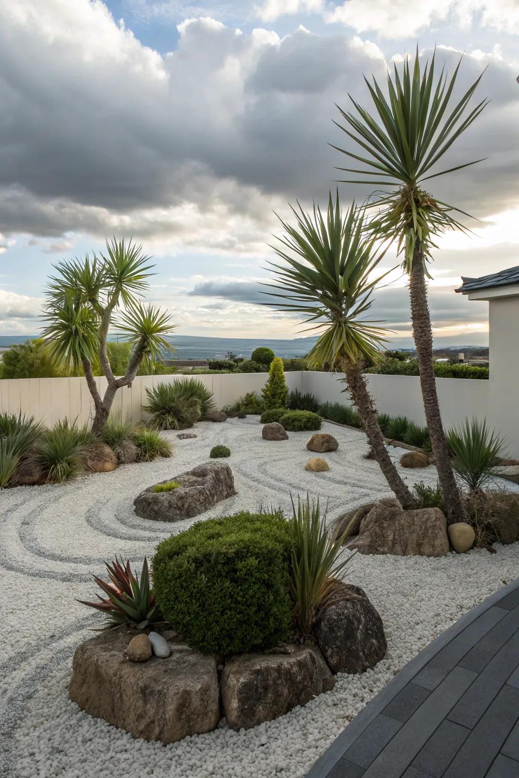 Yucca plants providing tranquility in a zen garden.