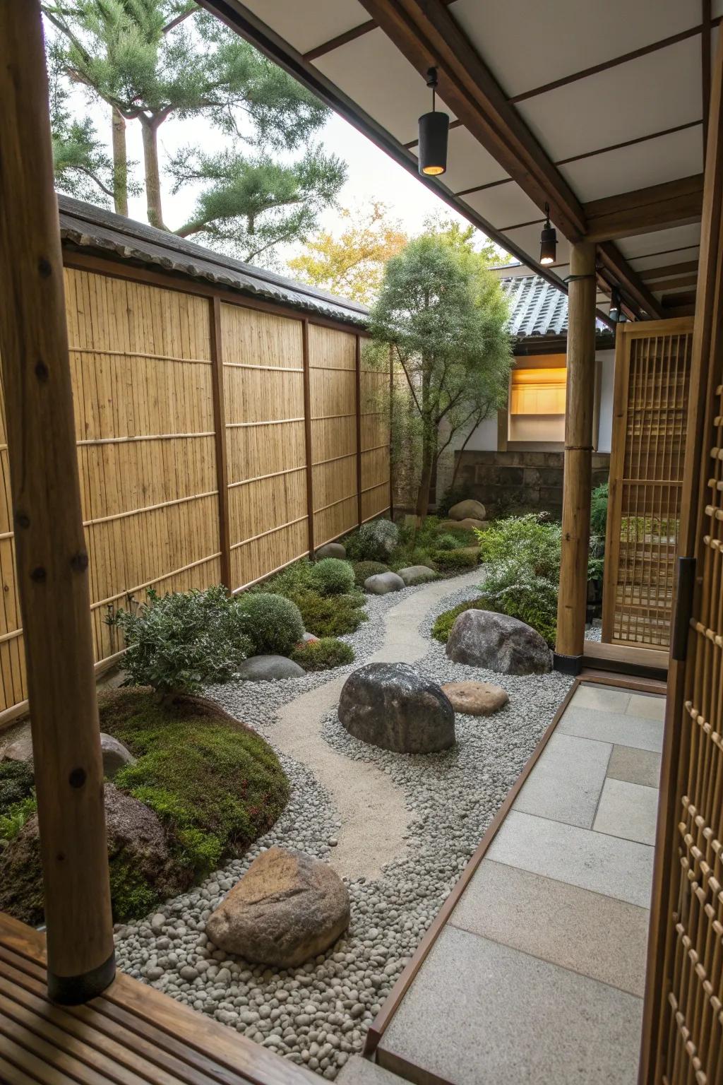 Bamboo screens create a secluded and tranquil atmosphere in a zen garden.