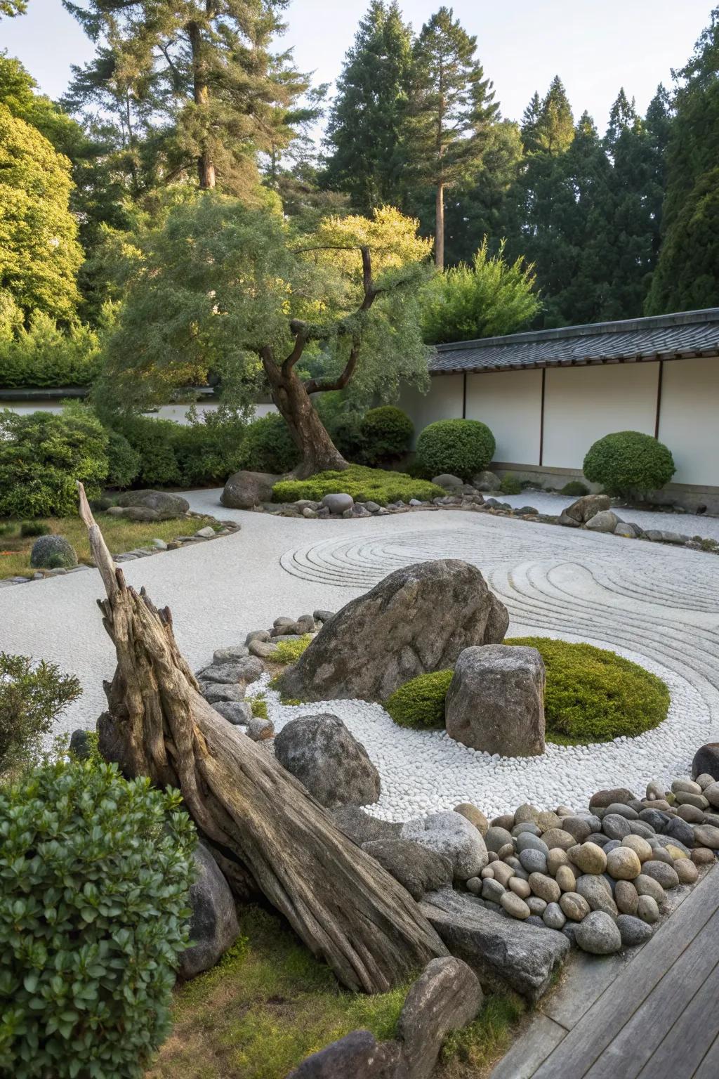 Driftwood adds a unique texture and contrast to the garden.