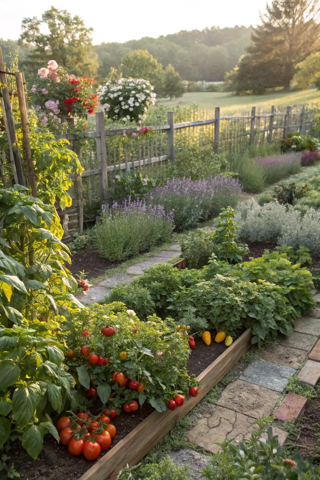 An edible garden featuring herbs and vegetables seamlessly integrated into the landscape.