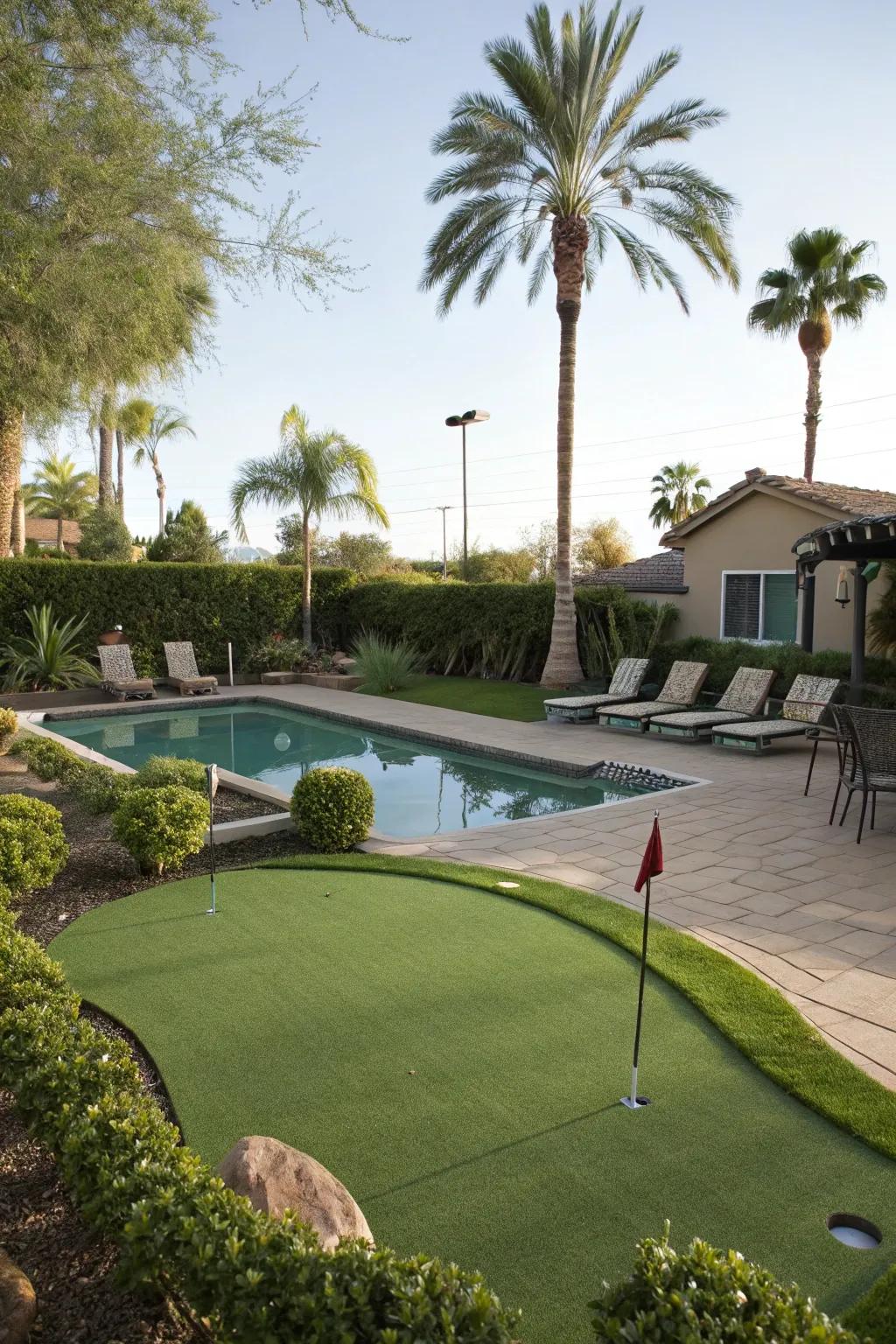 A fun putting green offering leisurely activity by the pool