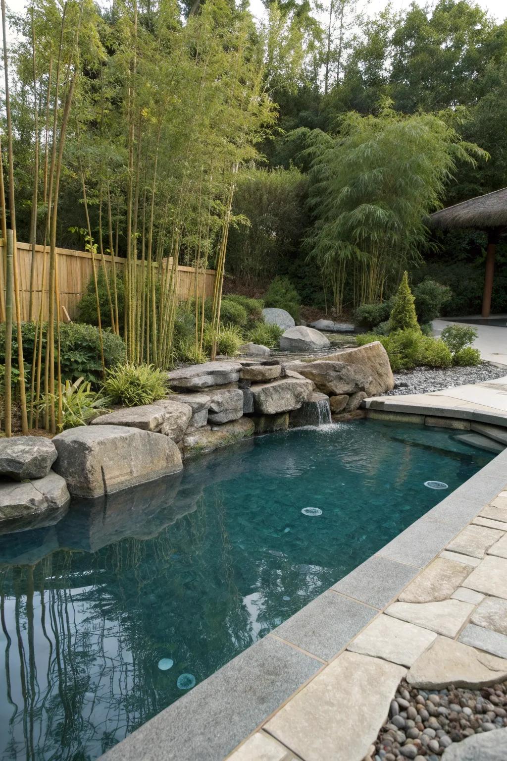 A tranquil Zen garden complements this 16x32 inground pool.