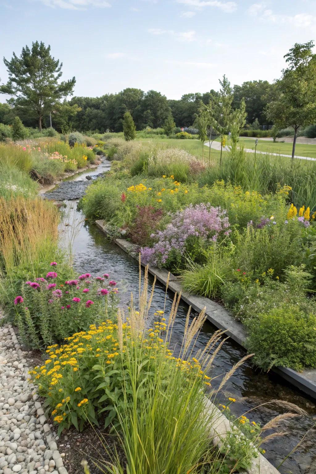 Rain gardens manage water and enhance biodiversity.