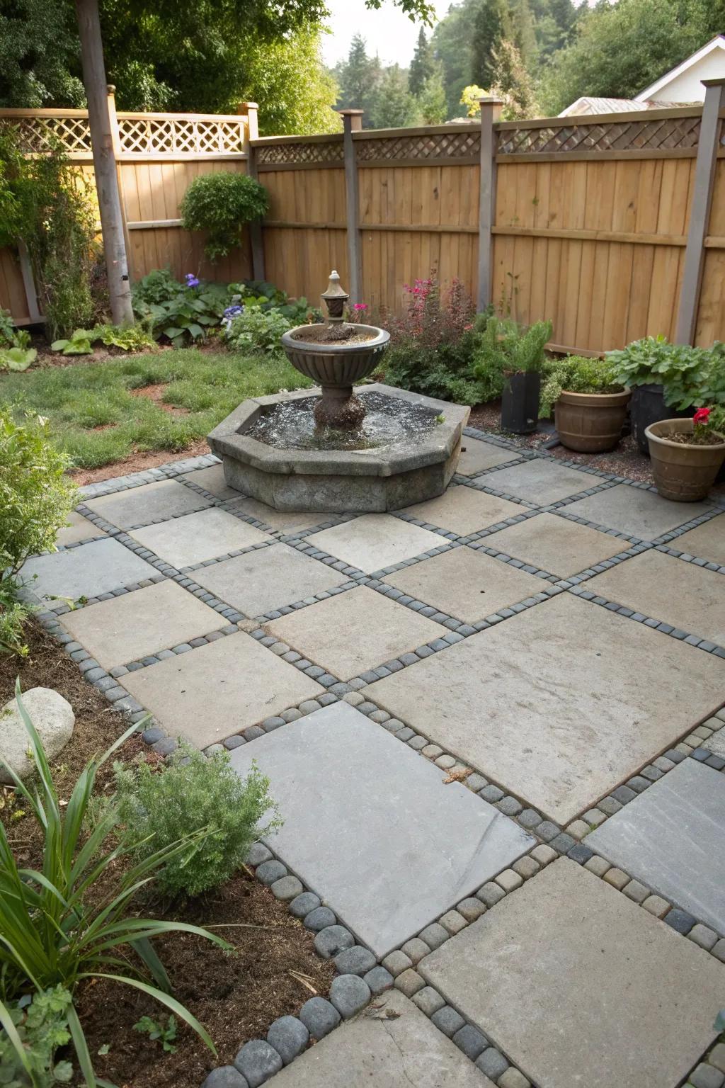 A calming water feature creates a serene patio environment.