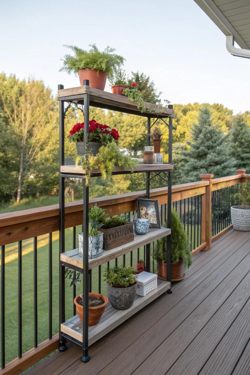 Floating shelves incorporated into 2x6 railings for added function and charm.