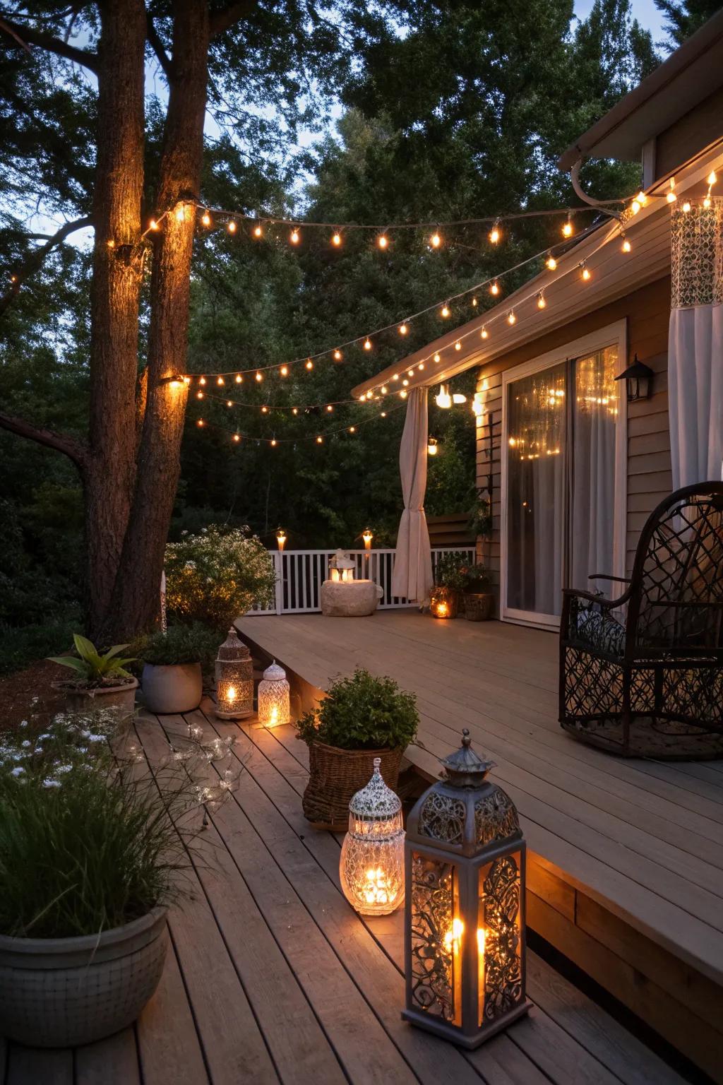 Ambient lighting creates a magical evening atmosphere on the deck.