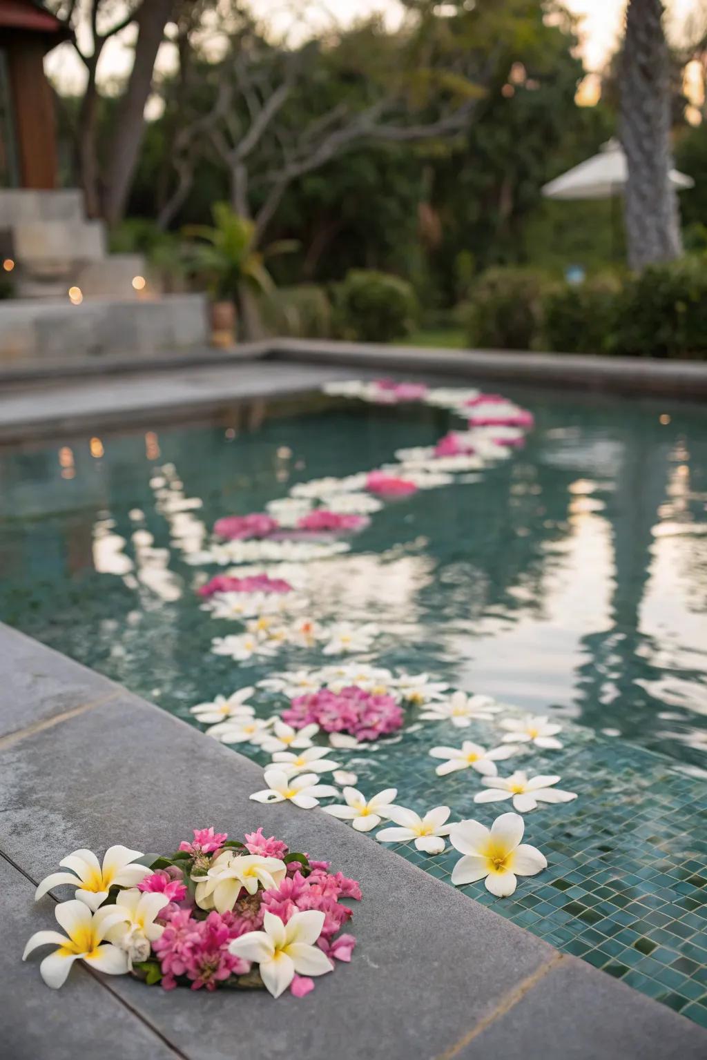 Beautiful floating flowers adding elegance to the pool setting.