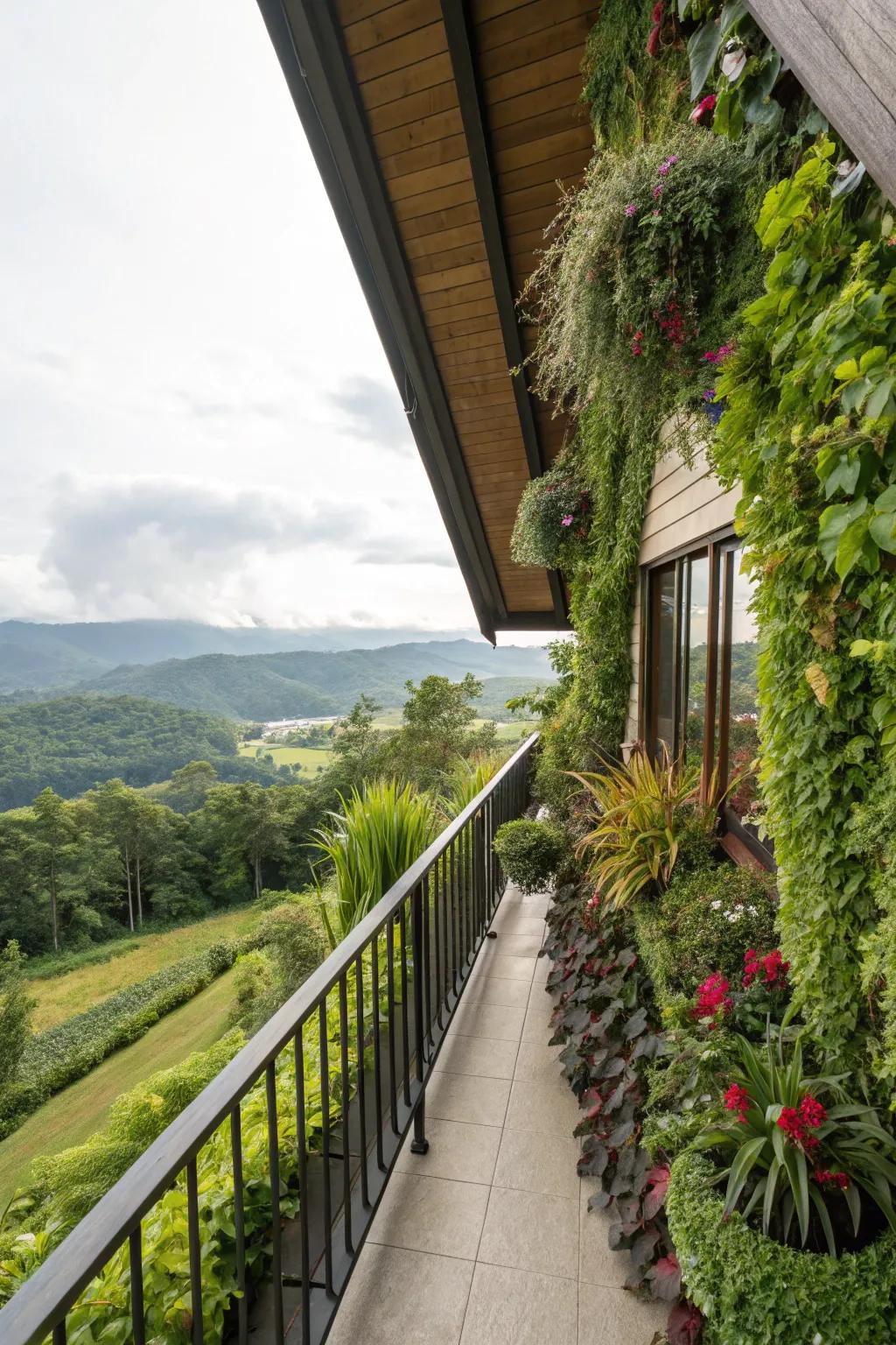 A vertical garden enhances the greenery on a balcony.