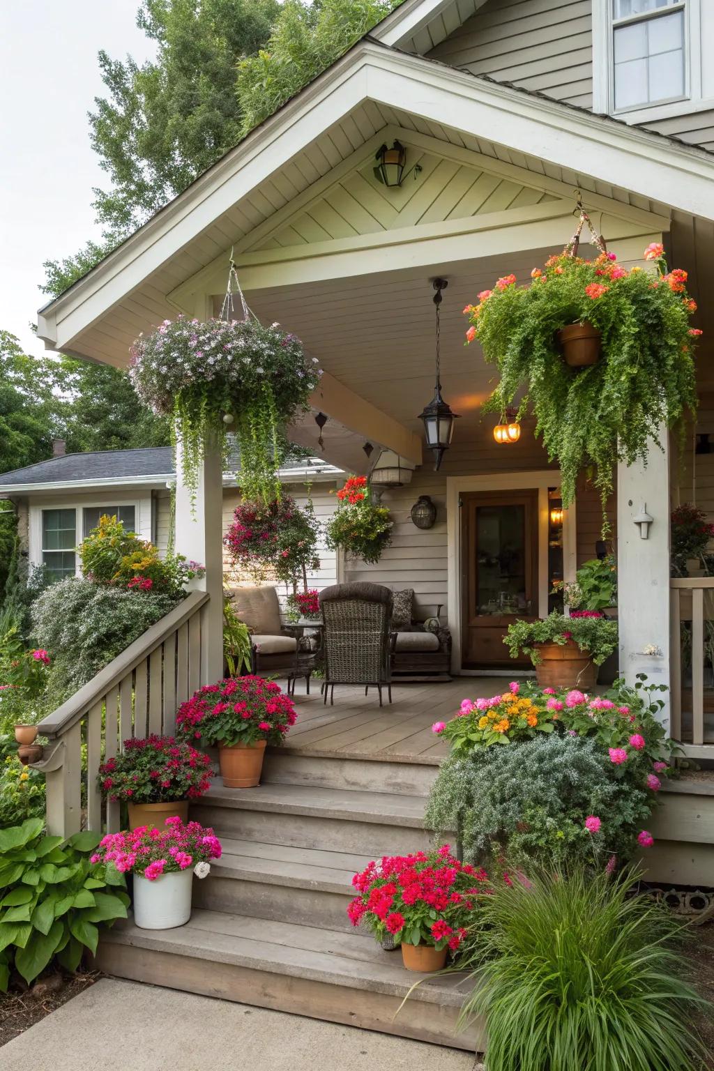 Seasonal plants breathe life and color into this porch.