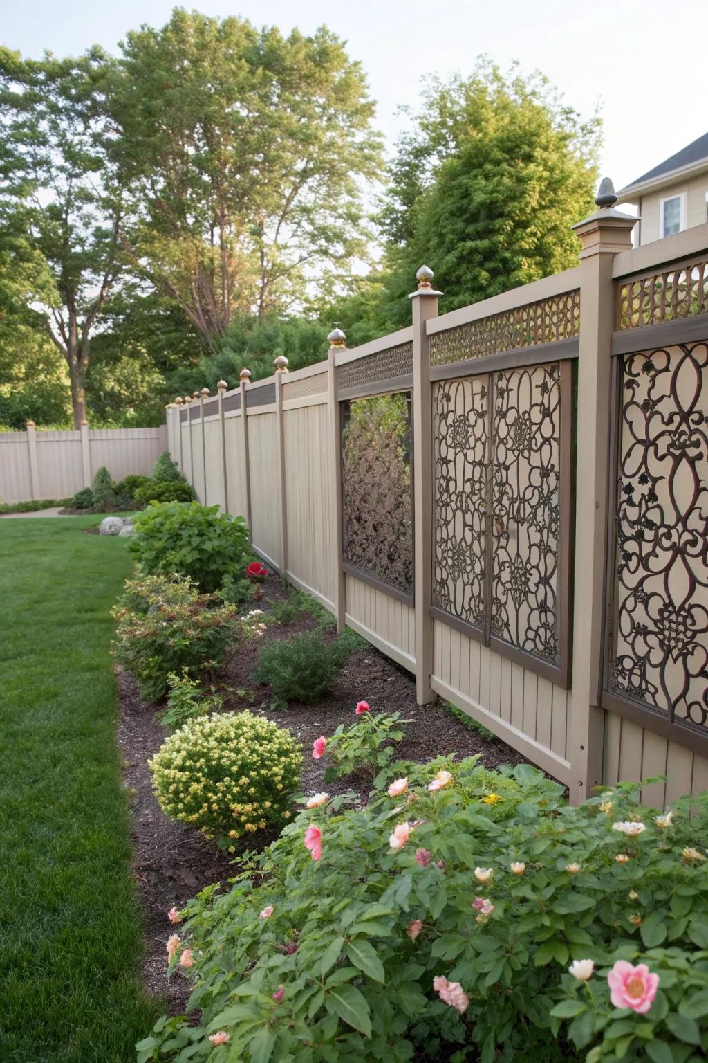 Decorative metal screens combine privacy with artistic flair.