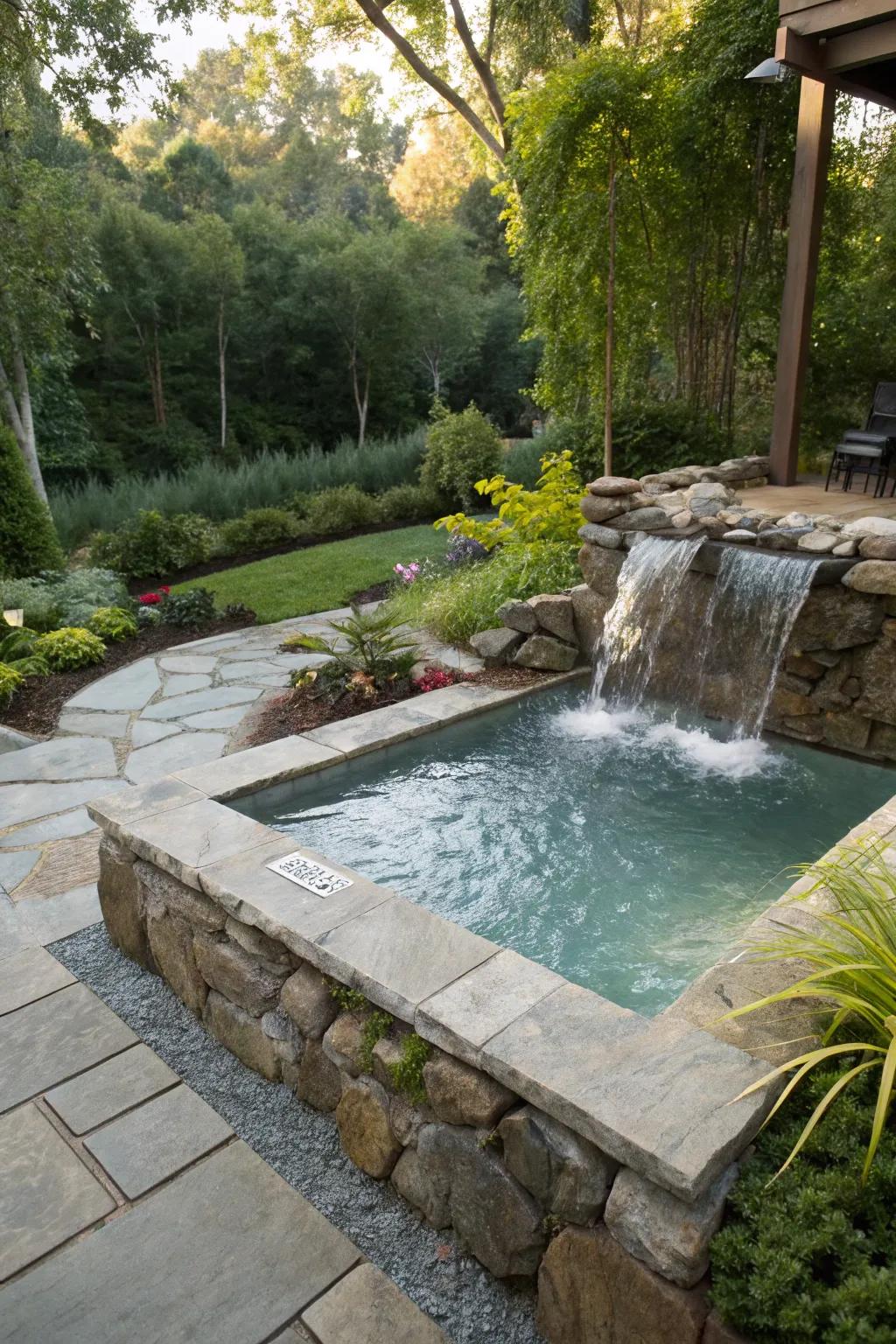 A waterfall feature adds a spa-like tranquility to your pool area.