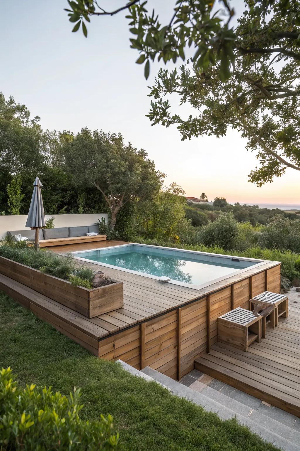 Built-in benches provide seating and hidden storage for pool essentials.