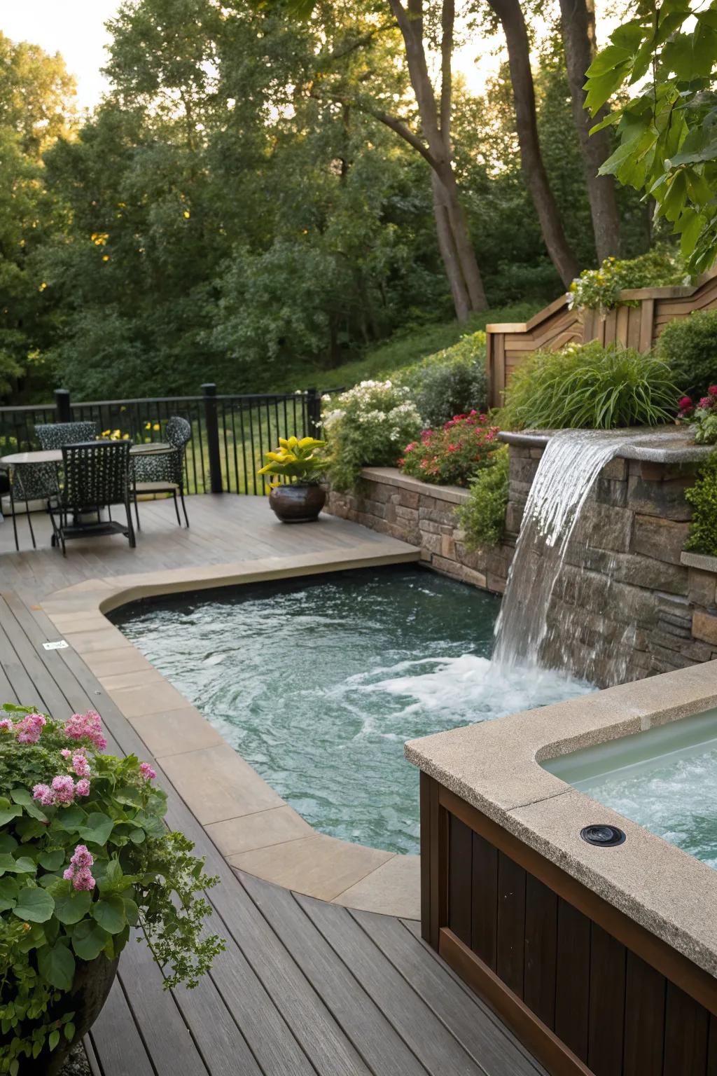 Water features enhance the serenity of your swim spa deck.