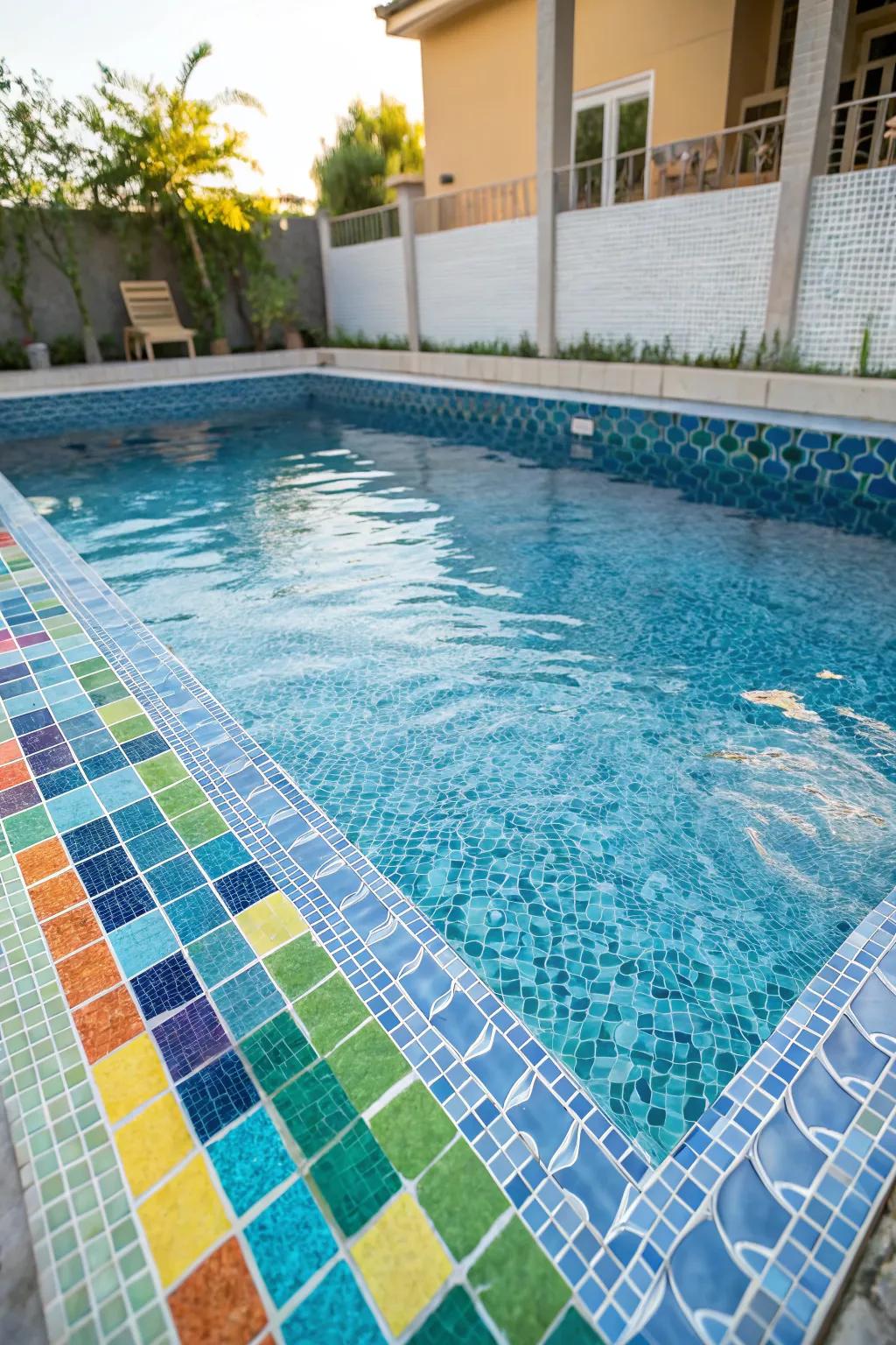 A mosaic tile decoration that adds sparkle and style to the pool.