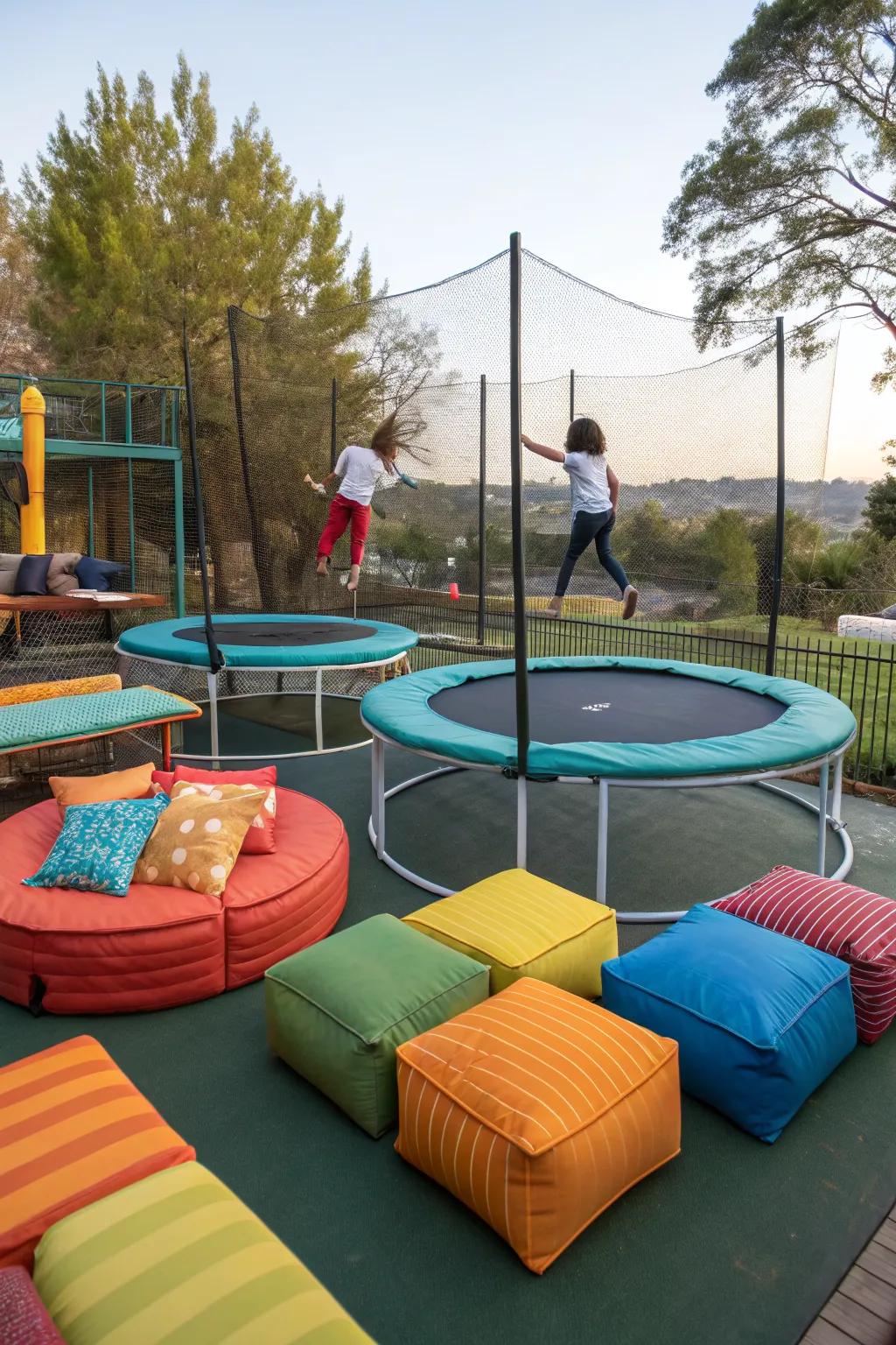 A multi-season zone keeps the trampoline area appealing all year.