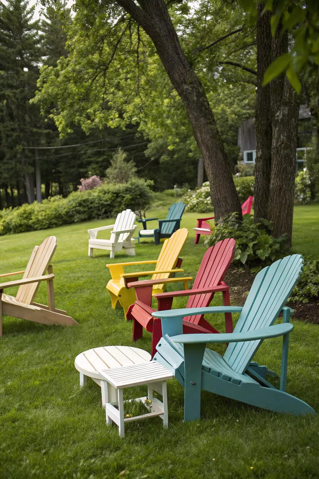 An eclectic mix of Adirondack chairs adds personality to any space.