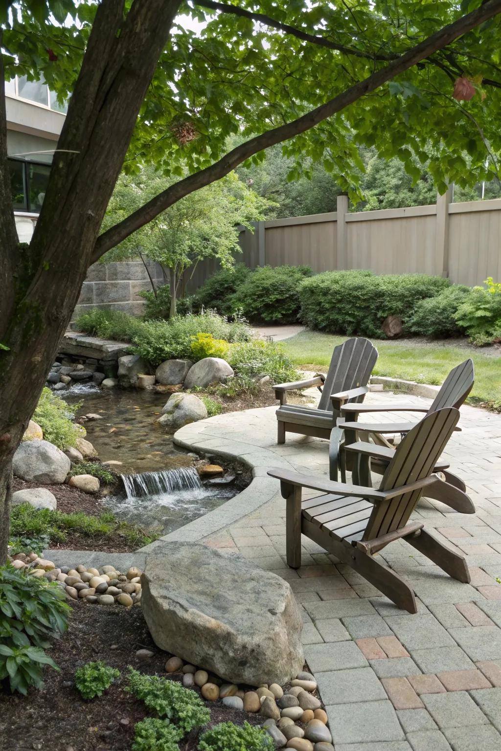 Zen meditation zone with Adirondack chairs and a calming water feature.