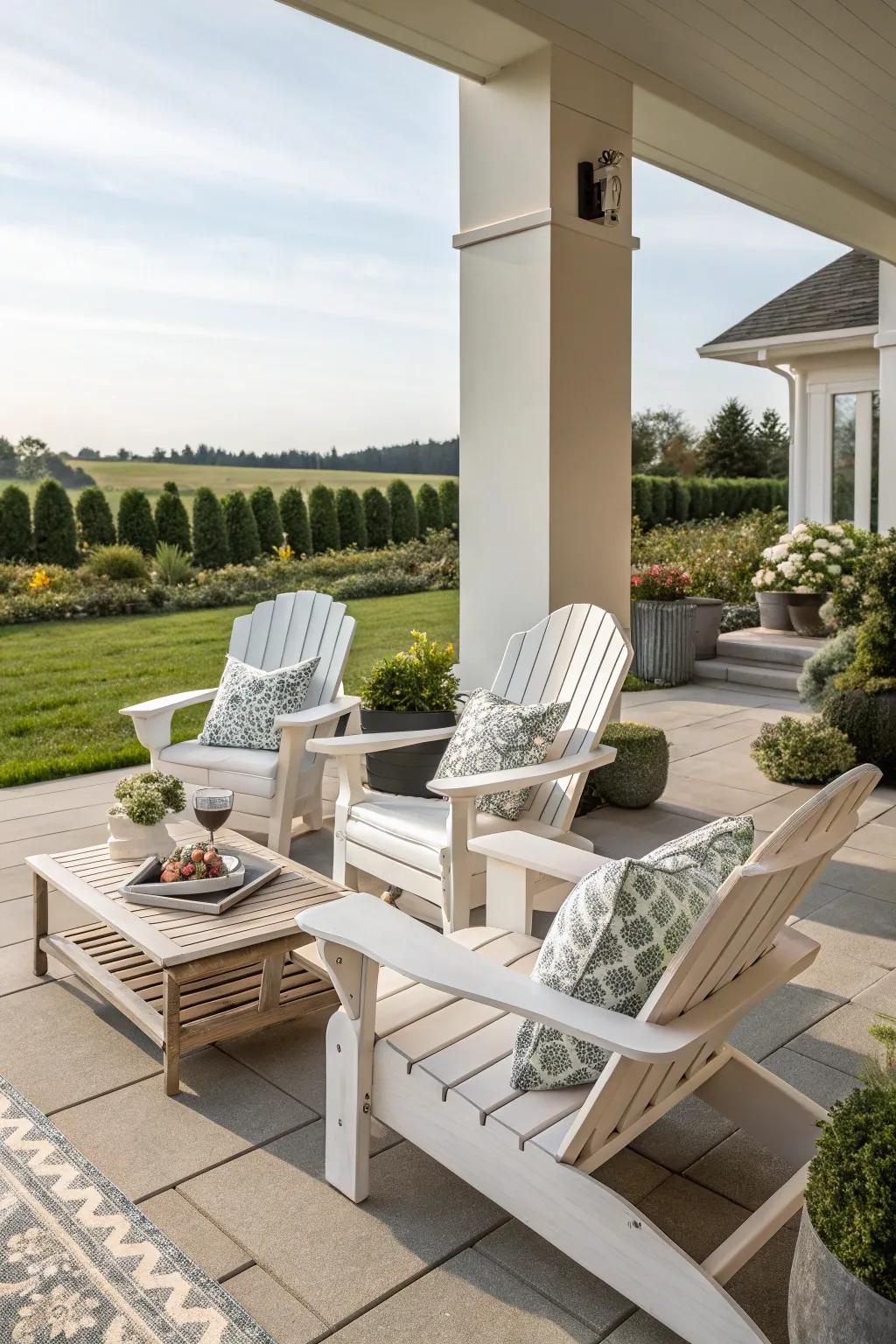 Adirondack chairs transform a patio into a relaxing lounge.