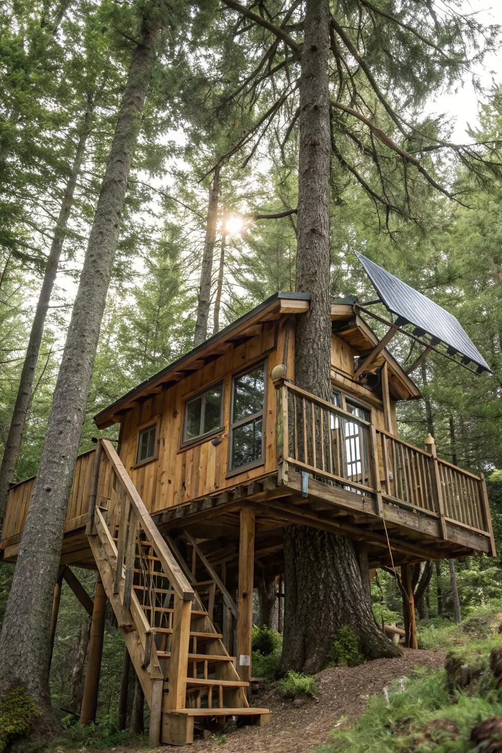 An eco-friendly treehouse harmonizing with the natural environment.