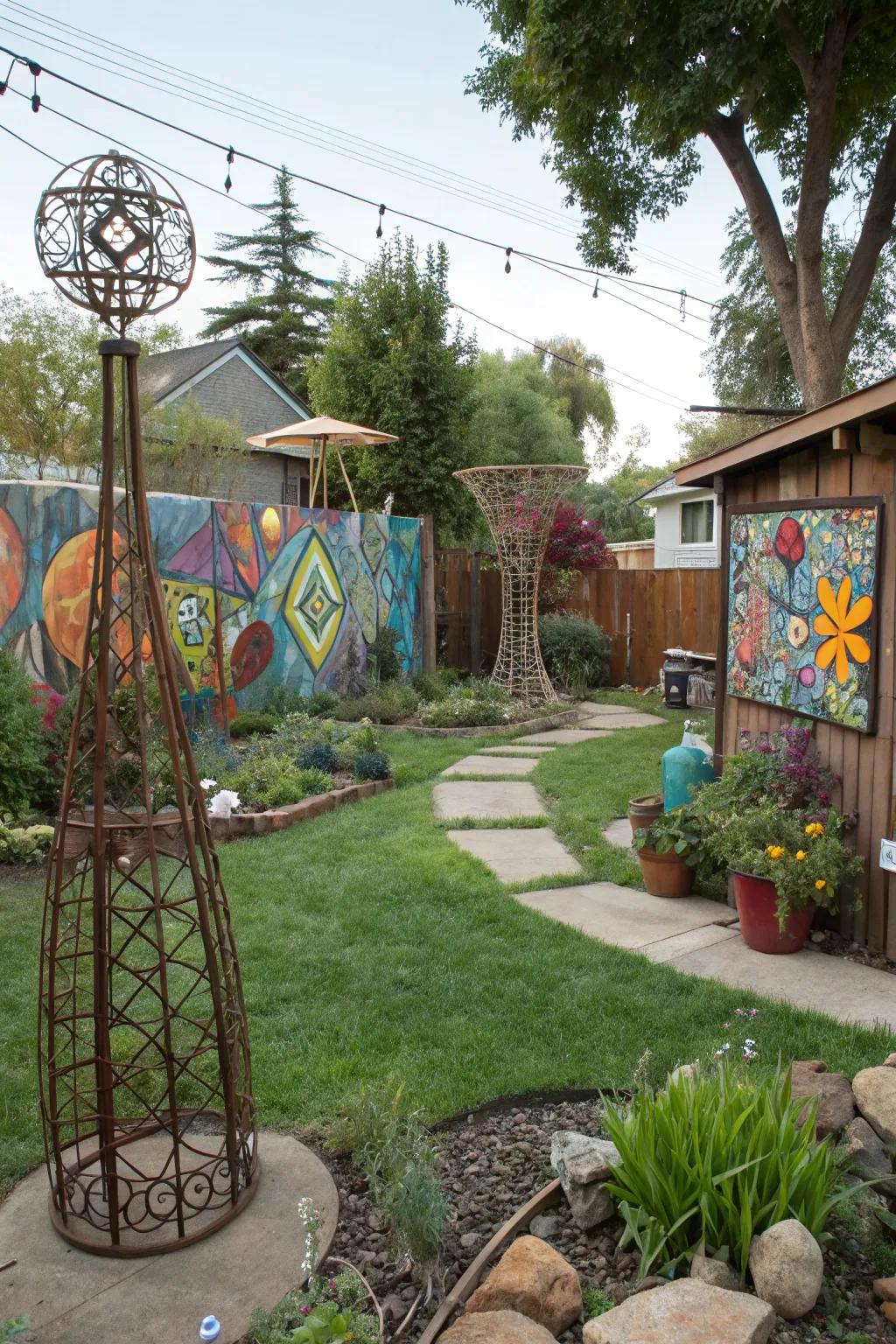 Unique sculptures and art adding personality to the garden.