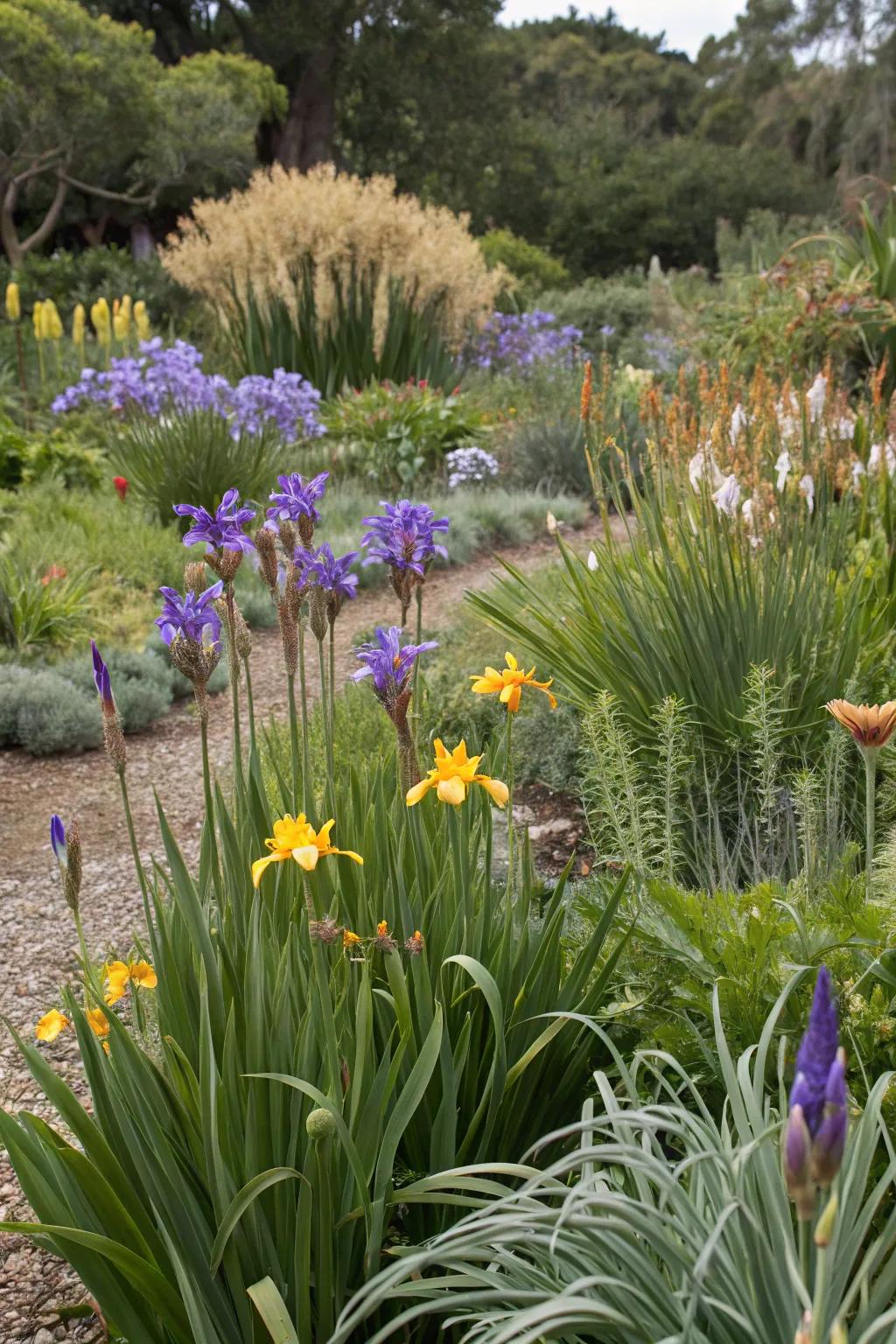 Mixing textures and colors with African irises creates dynamic gardens.