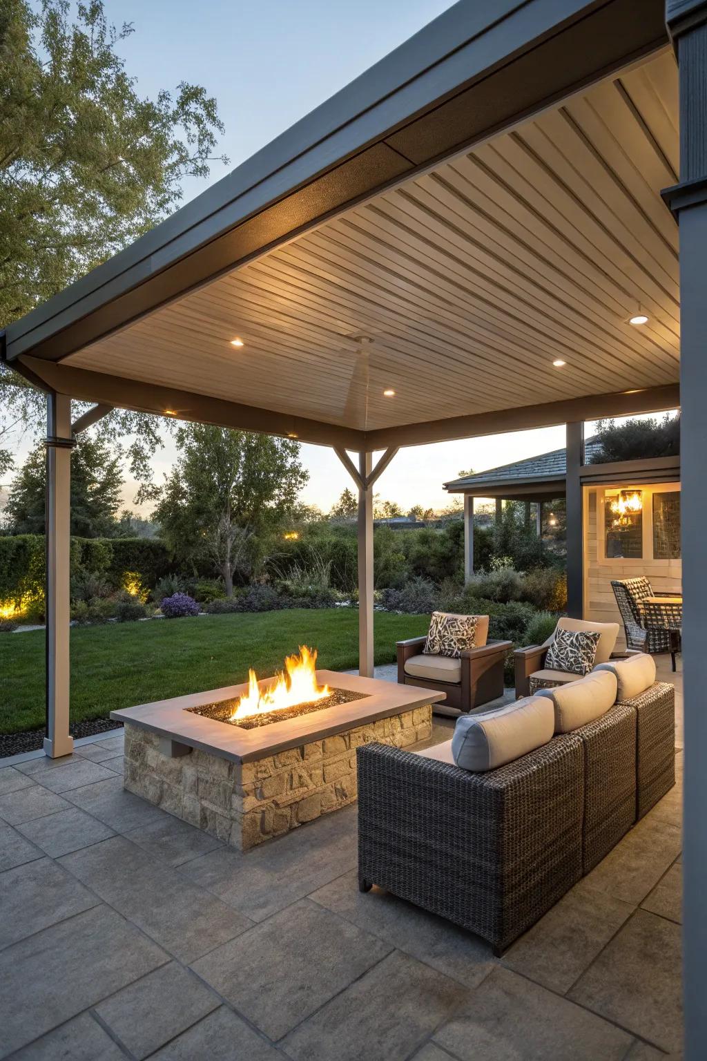 Enjoy cozy gatherings with a fire pit under your patio cover.