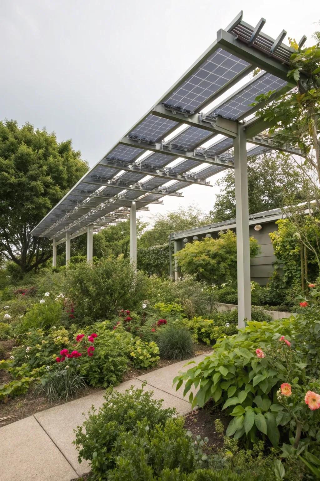 An eco-friendly aluminum pergola with solar panels.
