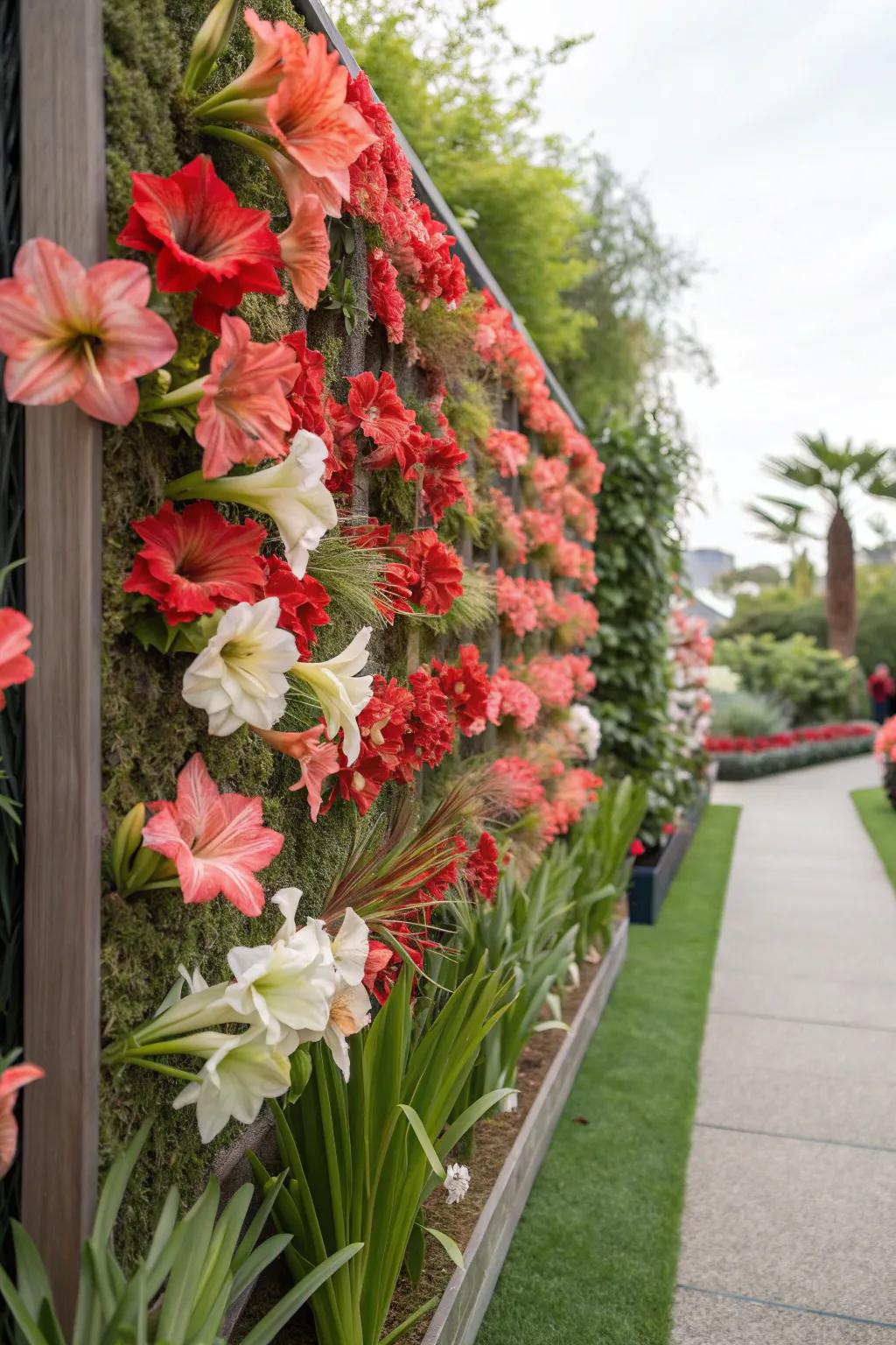 A living wall with amaryllis makes a bold statement.