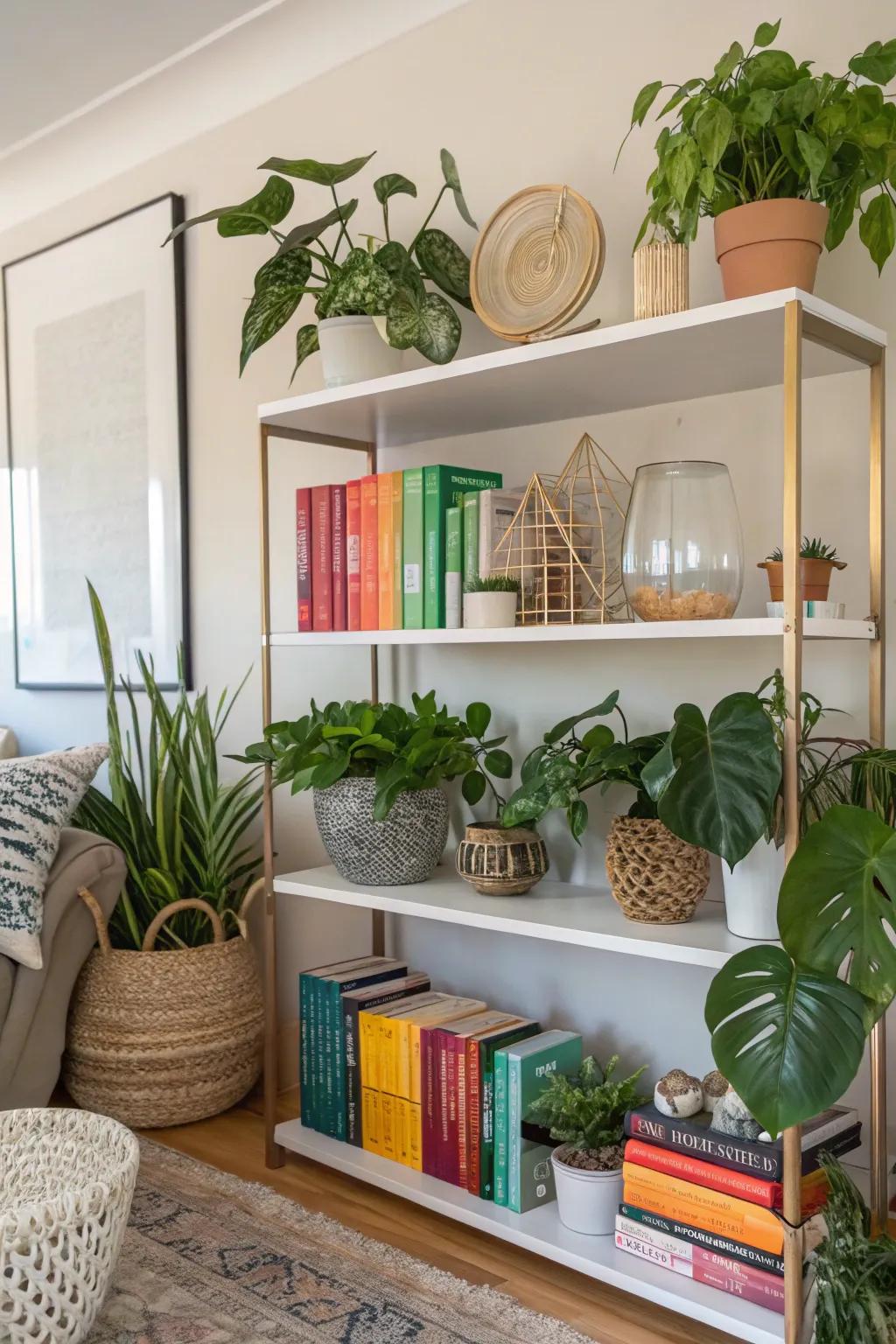 Style your shelves with a mix of plants and decor.