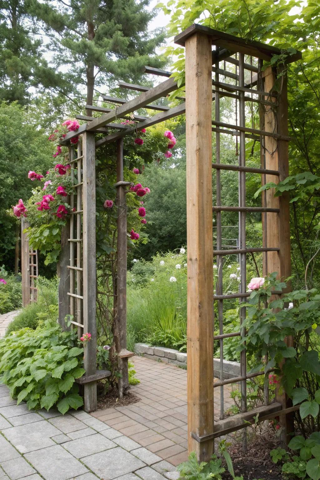 A unique trellis combining rustic wood and modern metal elements.