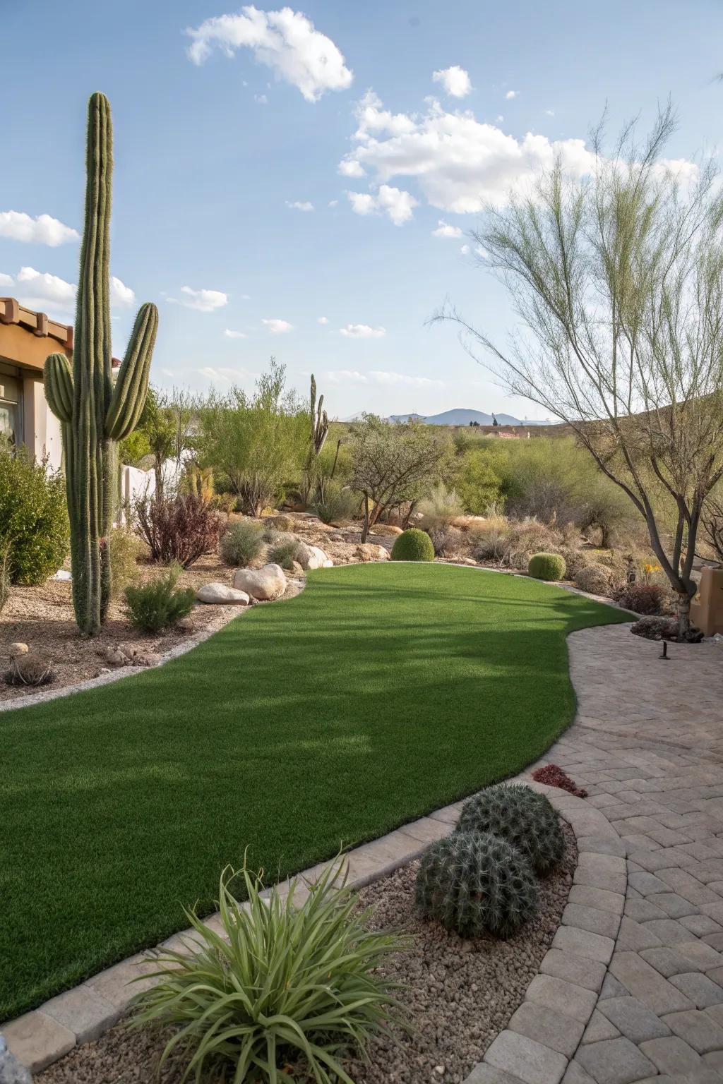 Artificial turf provides a green oasis with minimal maintenance.