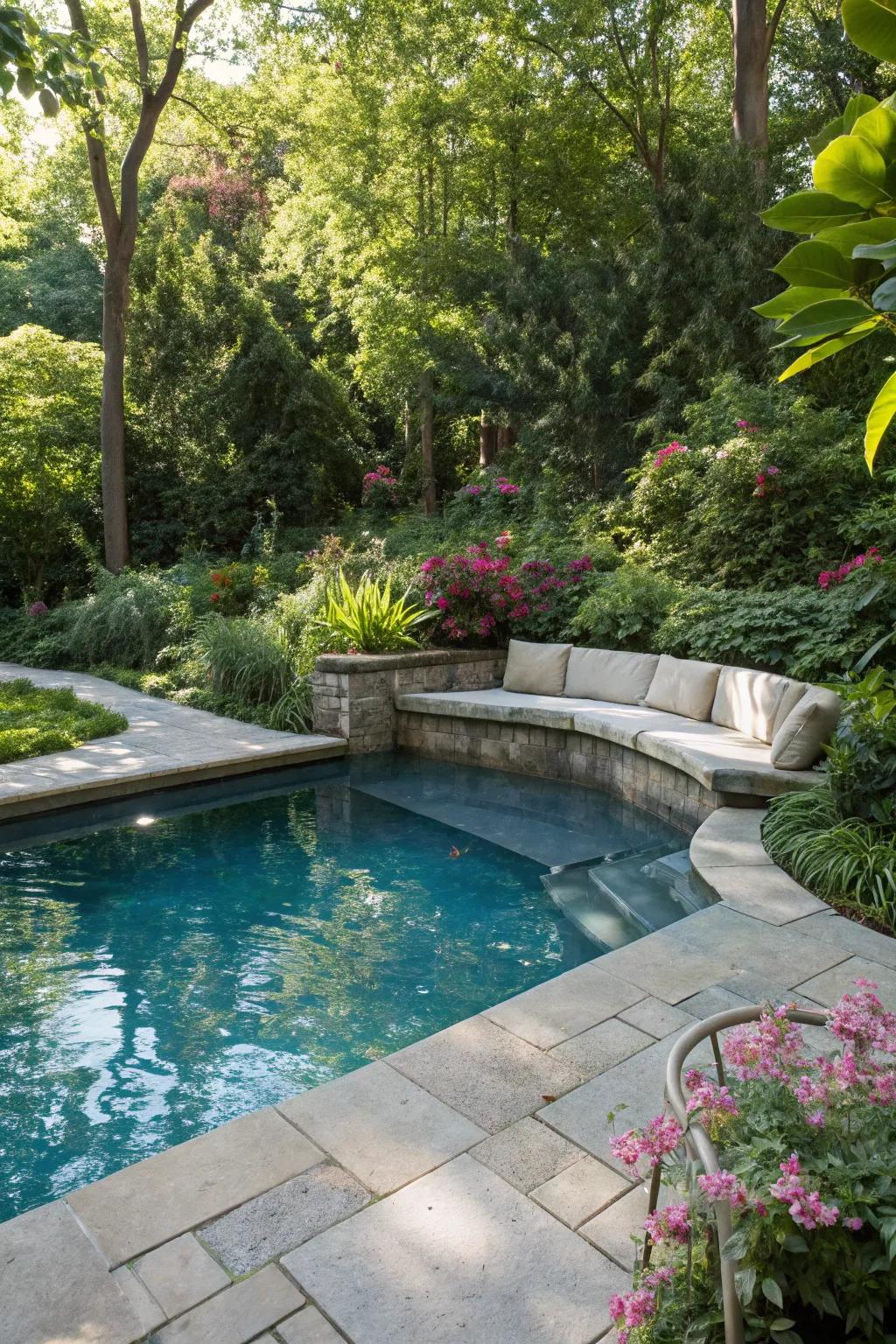 Sunken seating offers a unique, cozy spot for socializing in your pool.