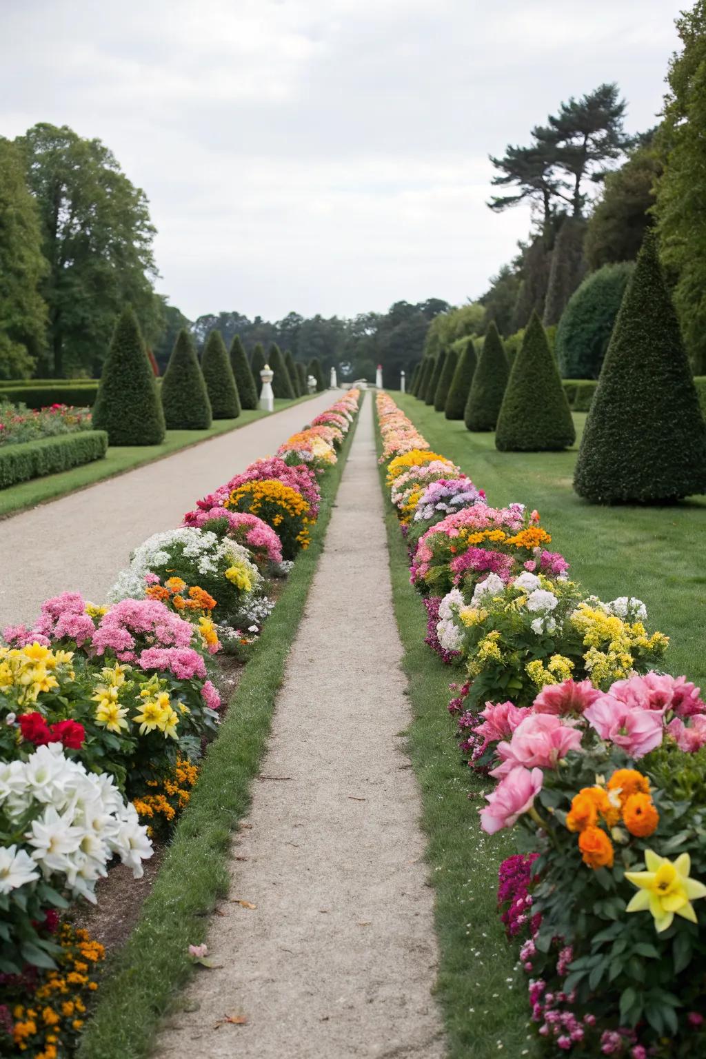 Symmetrical artificial flower arrangements offering a sense of order.