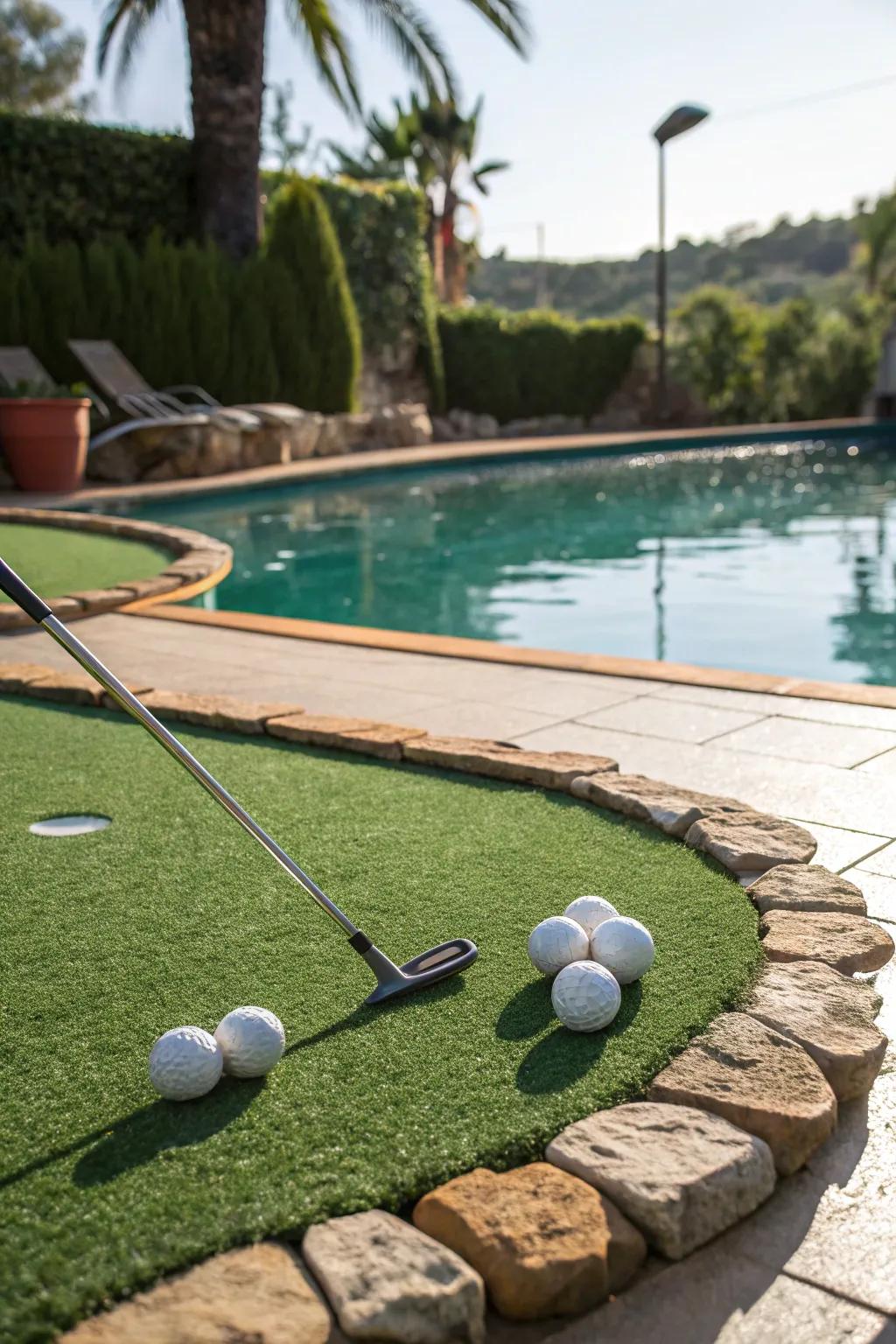 Combine leisure and practice with a poolside putting green.