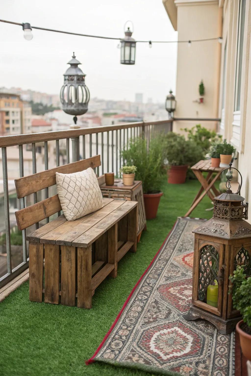 Achieve rustic farmhouse chic with artificial grass and wooden accents.