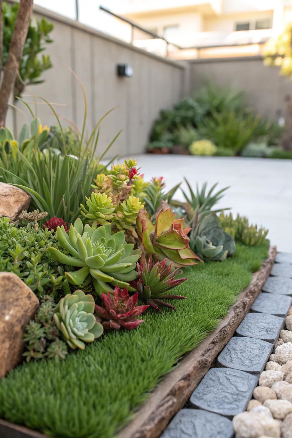 Drought-resistant plants complement your artificial grass and conserve water.