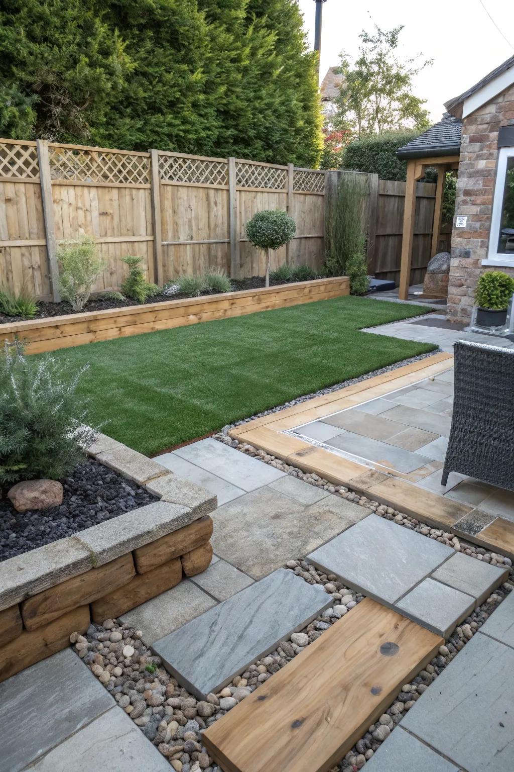 Experiment with playful patterns by mixing artificial grass with other materials.