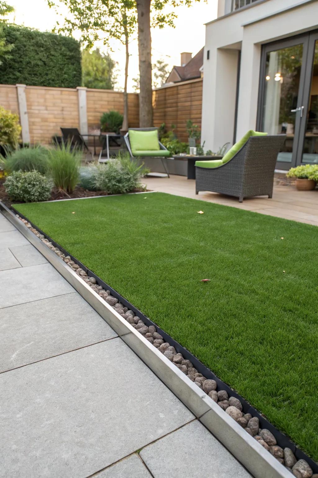 Sleek steel edging creating smooth curves around artificial turf.