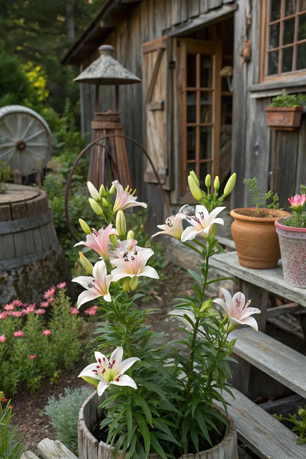 Lilies bringing elegance to a rustic garden setting.