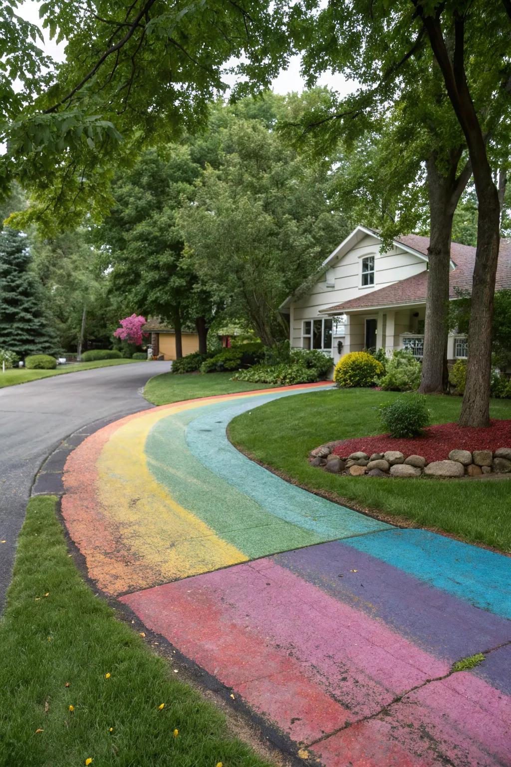 A colored asphalt driveway that adds a splash of personality to the home.