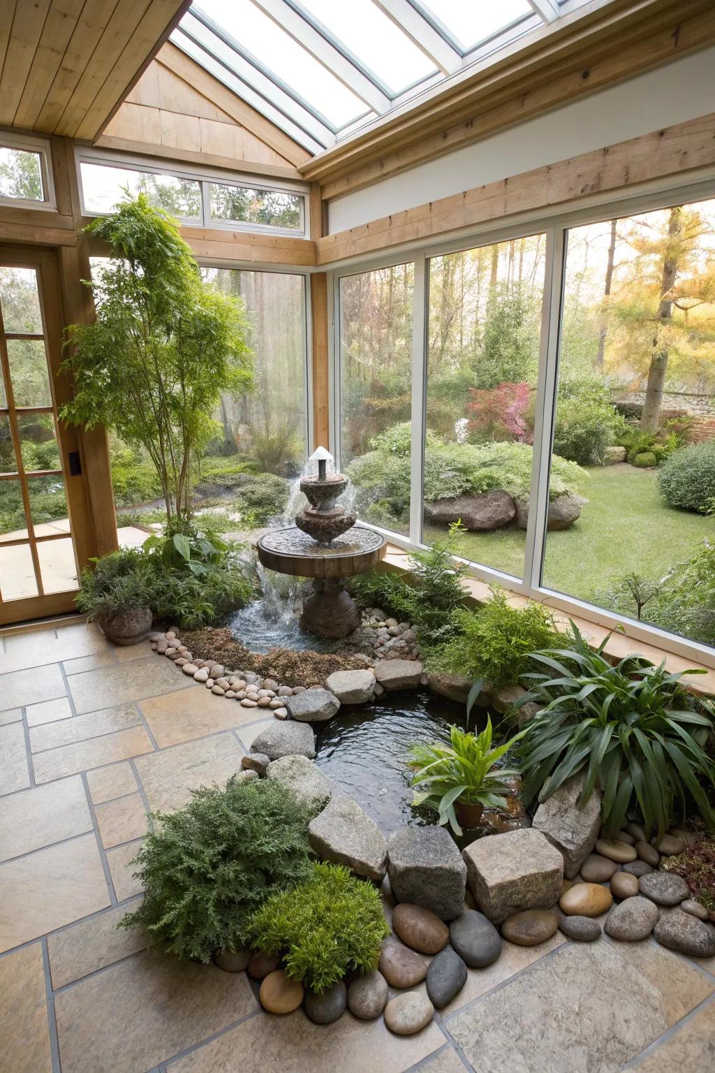 A meditative space with Zen elements in a sunroom