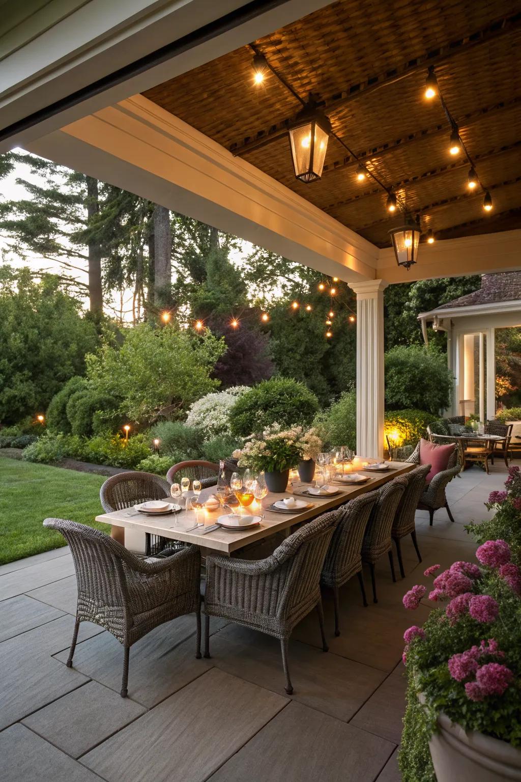 A covered porch designed for delightful outdoor dining.